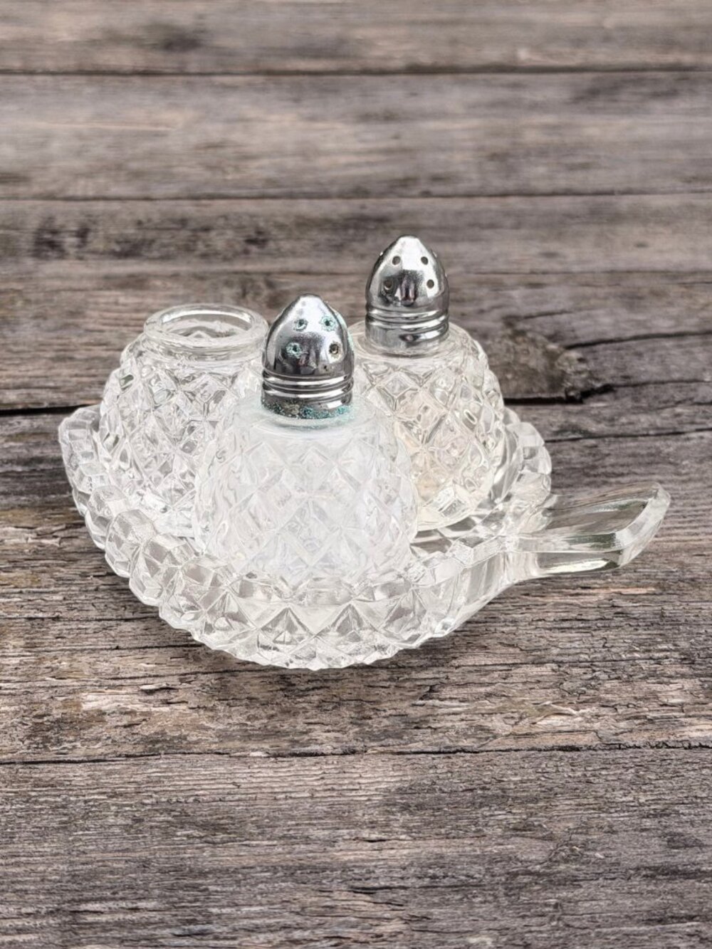 Vintage 3 piece Cruet Set Salt & Pepper & Mustard Diamond Cut Glass Spades Tray